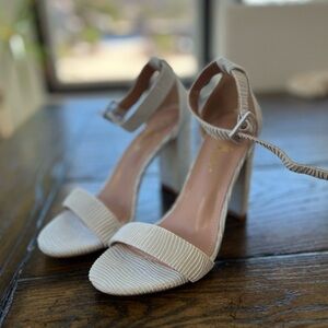 Lulus Rozenn Ivory Pleated Satin Ankle Strap High Heels, Size 8